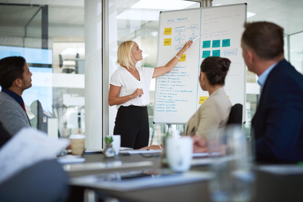 Business team discussing priorities and delivery